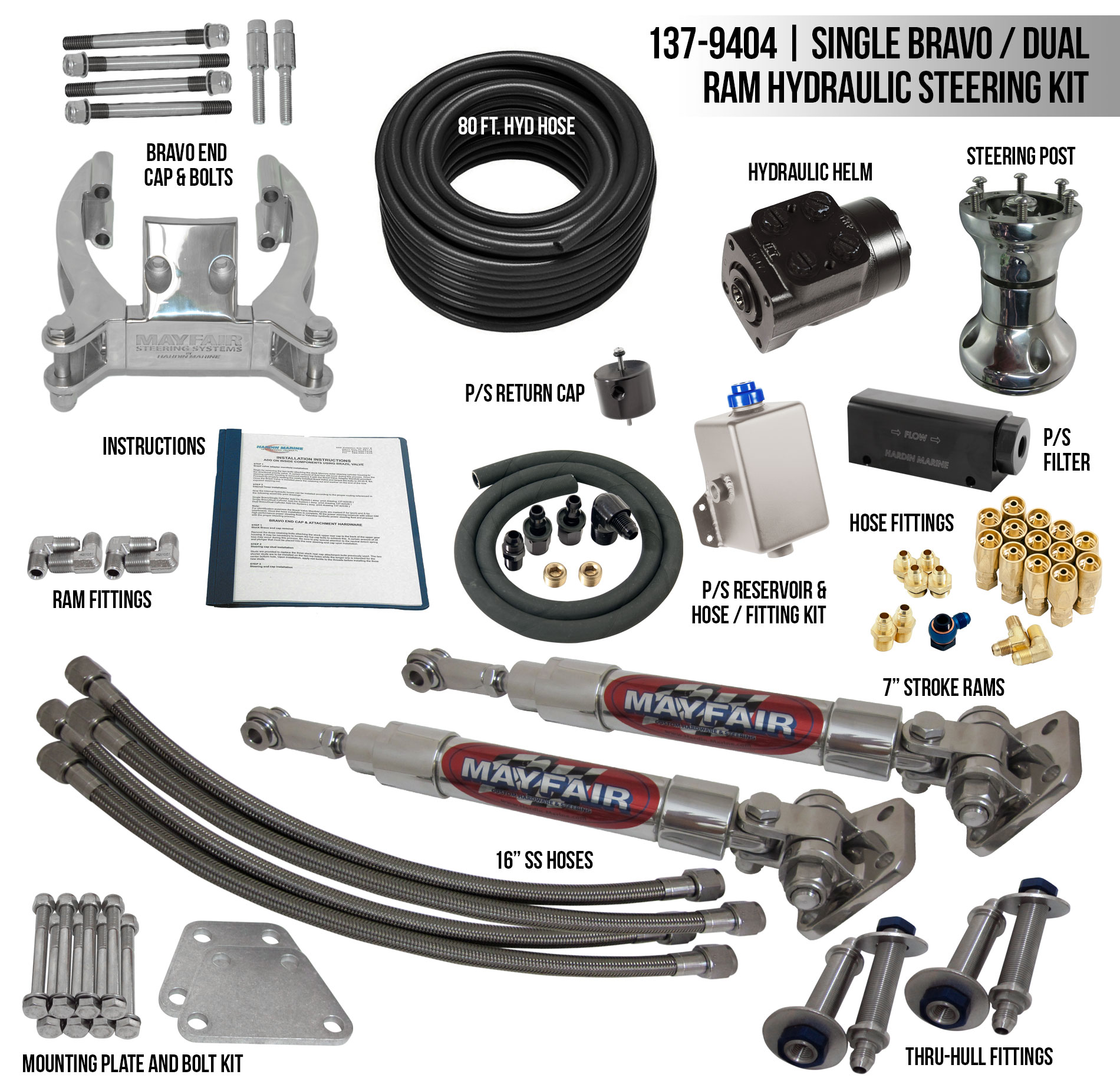 Mayfair Single Bravo Dual Ram Full Hydraulic Steering Kit Hardin Mayfair Single Bravo Dual Ram Full Hydraulic Steering Kit Hardin Marine