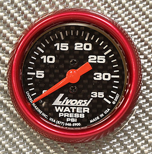 2-1/16" Mechanical Water Pressure 0-35 PSI, Carbon Fiber Face, Red Mega Rim