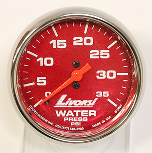 2-5/8 Mechanical 0-35 PSI Water Pressure Gauge, Red Face, Polished SS Mega Rim