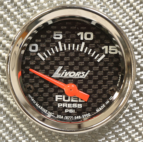 2-1/16"  Electric 0-15 PSI Fuel Pressure Gauge, Carbon Fiber Face, Polished SS Race Rim
